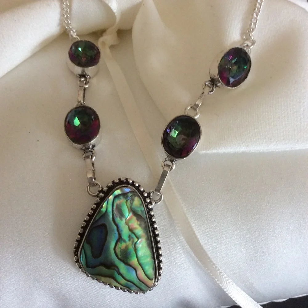 Sterling Silver Mystic Fire Topaz and Abalone Pearl Necklace Choker - Picture 9 of 11